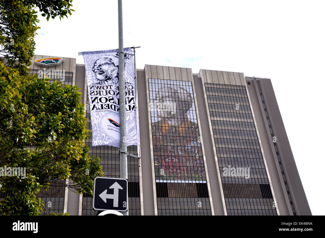 Banners hang in Cape town to honour Mandela. the flags were planned as a build up to his birthday on 18 July. At present mandela is critically ill in a Pretoria hospital.The civic centre has a large mosaic banner of Nelson Mandela while the nation prays for mandela who is in a critical condition. Stock Photo