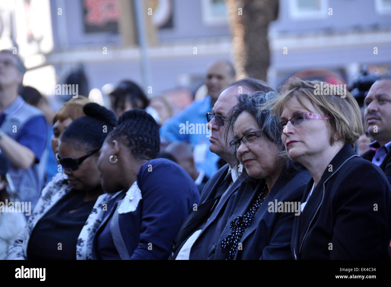 Helen zille (R)and Patricia de Lille at an interfaith service held for Mandela whose death was announced that morning,  Grand Parade, Cape Town, 16.12.2013.Helen Zille is the Premier of the Western Cape, a member of the Western Cape Provincial Parliament, leader of South Africa's opposition  political party the DA,Democratic Alliance,  former Mayor of Cape Town, former journalist, black sash member and anti-Apartheid activist.Patricia de Lille, is the present mayor of Cape Town.photo Sue Kramer Stock Photo