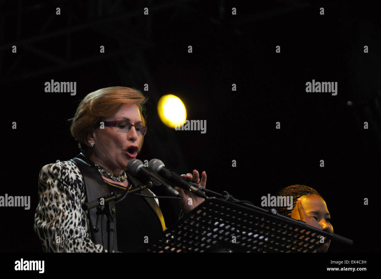 Helen Zille, Premier of the Western Cape speaks at the Cape Town Stadium memorial event for Mandela, 11.12.2013.The event  Nelson Mandela: A Life Celebrated was held to celebrate the life of Nelson Mandela who had died  a week before.Helen Zille is Premier of the Western Cape, a member of the Western Cape Provincial Parliament, leader of South Africa's opposition  political party the DA,Democratic Alliance,  former Mayor of Cape Town.photo Sue Kramer Stock Photo