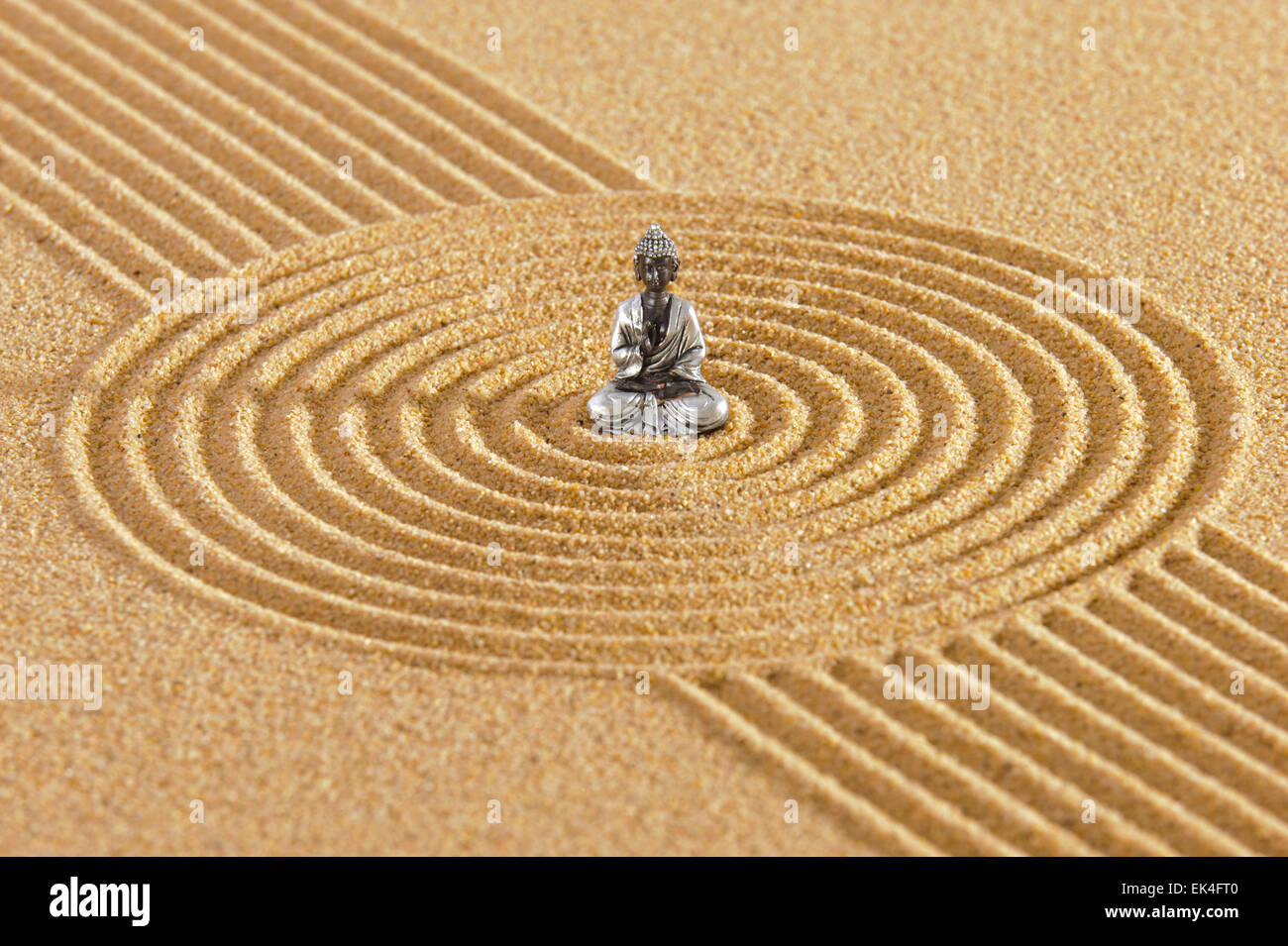 Japanese ZEN garden with Feng shui in sand with Buddha Stock Photo. 