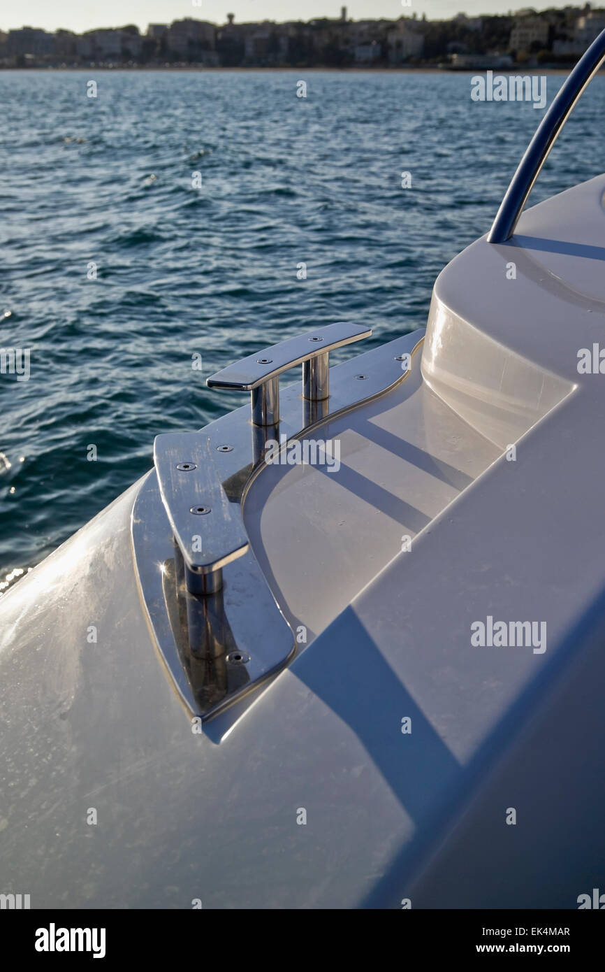 Italy, Nettuno (Rome), luxury yacht Rizzardi 45' (motor boat), steel bollards Stock Photo