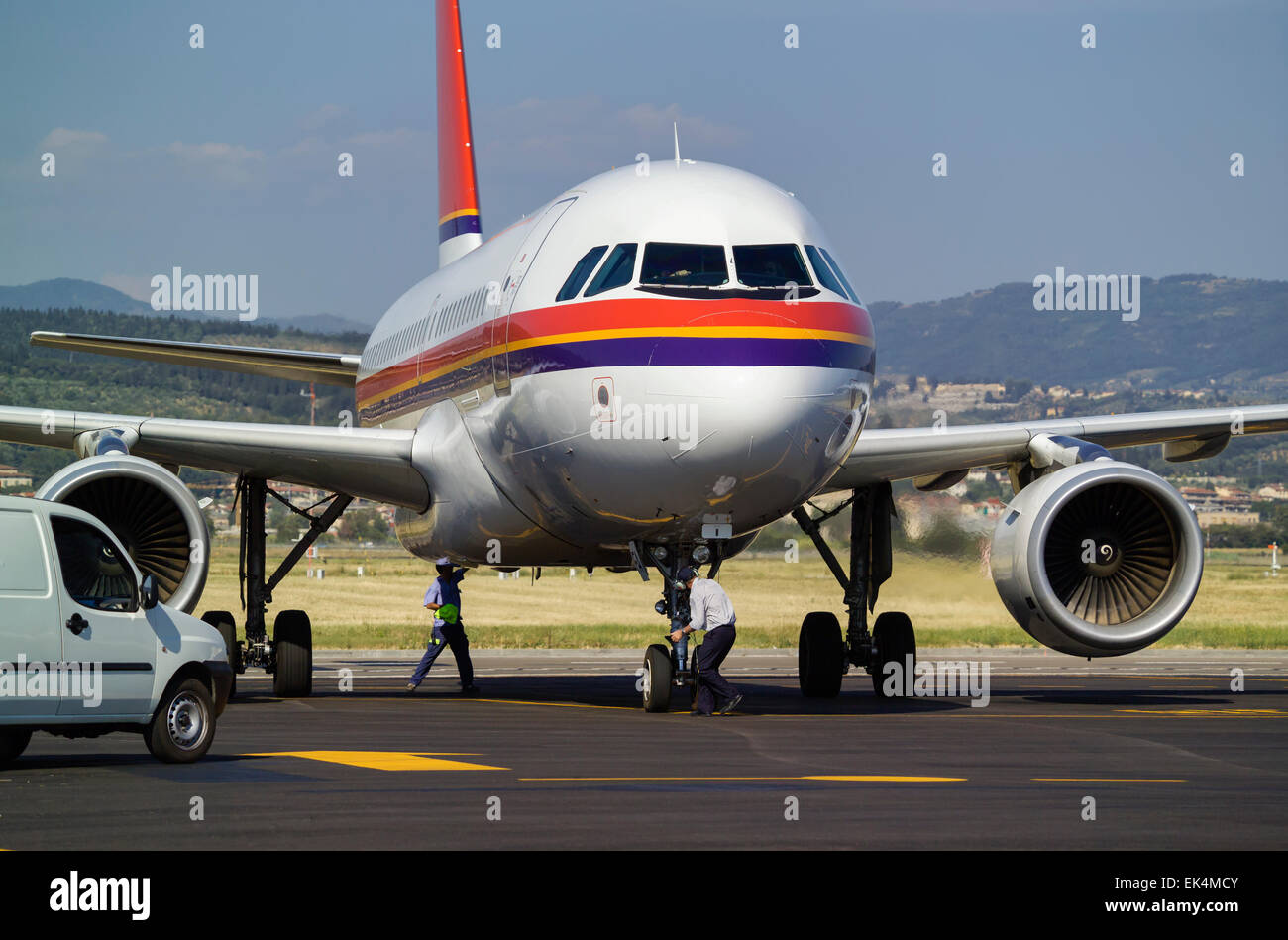 Italy, Sardinia, Olbia International Airport, airplane on the runway