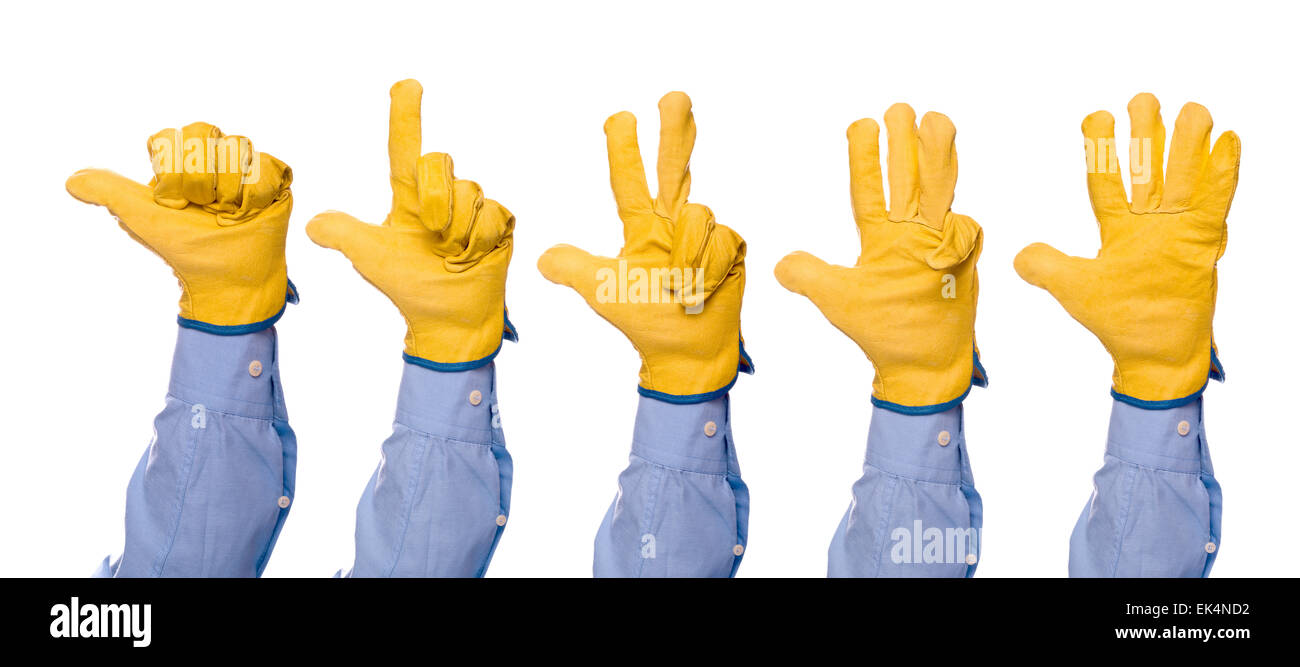 Construction Engineer Wearing Yellow Leather Protective Gloves Counting with Fingers from One to Five, isolated on white Stock Photo