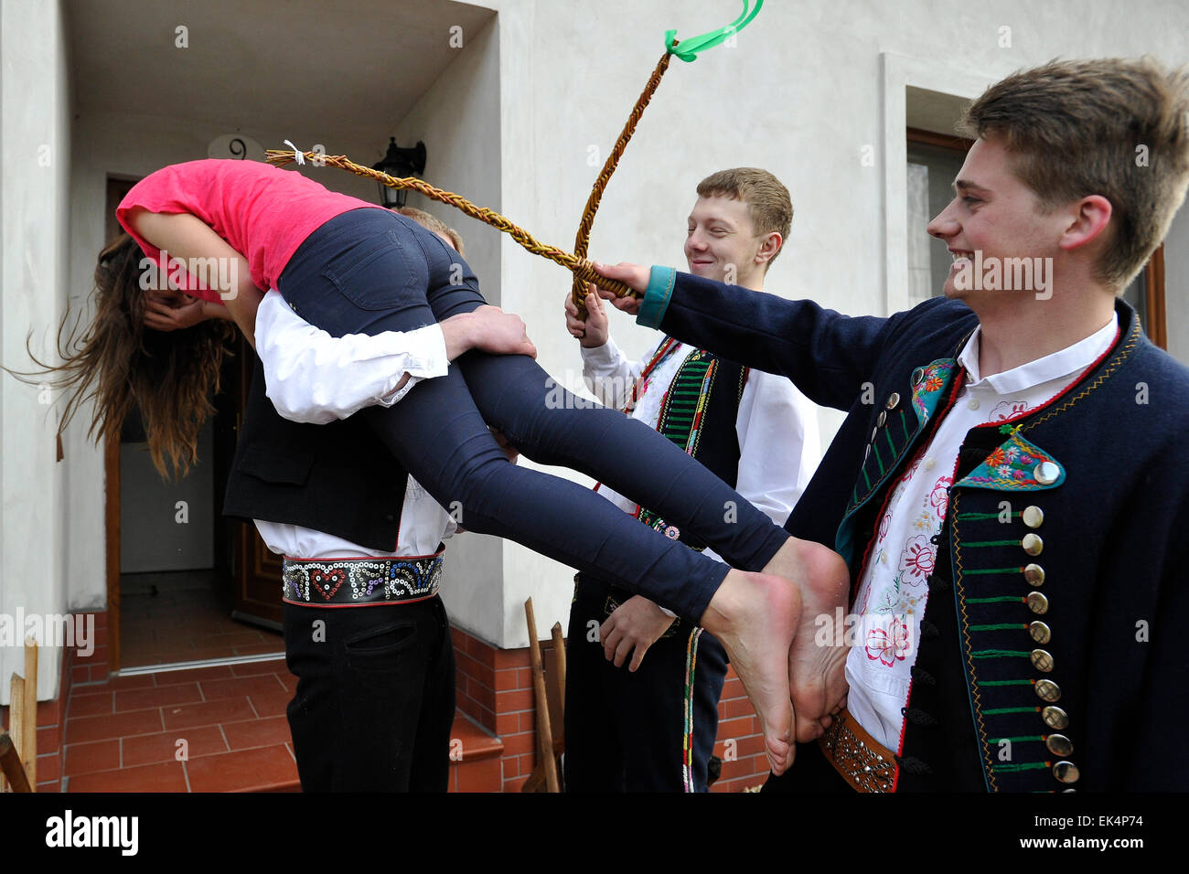 Velke Pavlovice, Czech Republic. 6th Apr, 2015. Young men in folk