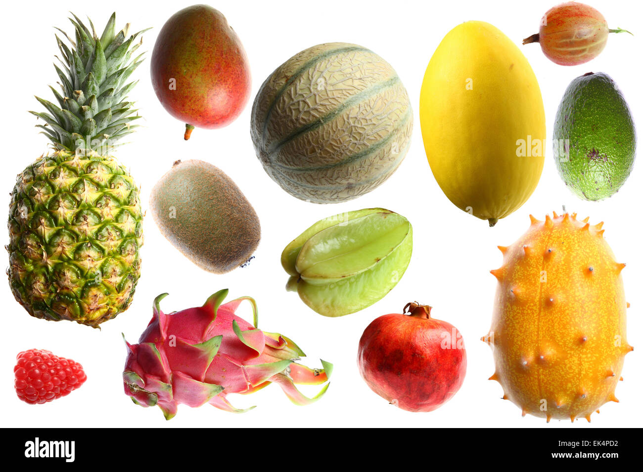 Various tropical fruits and exotic fruits, lemon, kiwi, mango, papaya, avocado, prickly pear, pomegranate, grapefruit, Stock Photo