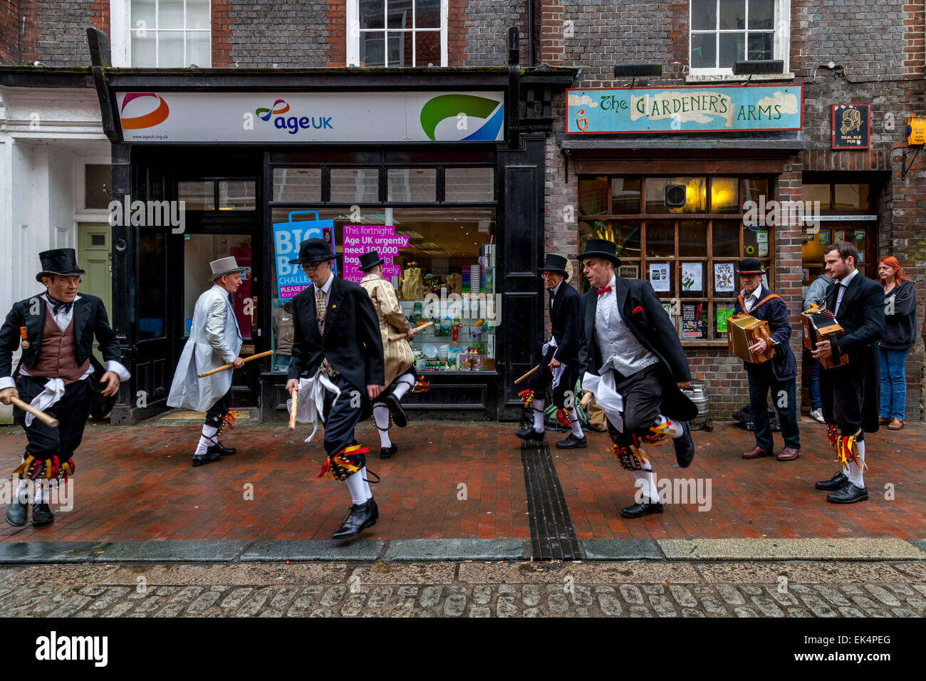 Sompting Village Morris Dancers Perform In The High Street, Lewes, Sussex, UK Stock Photo