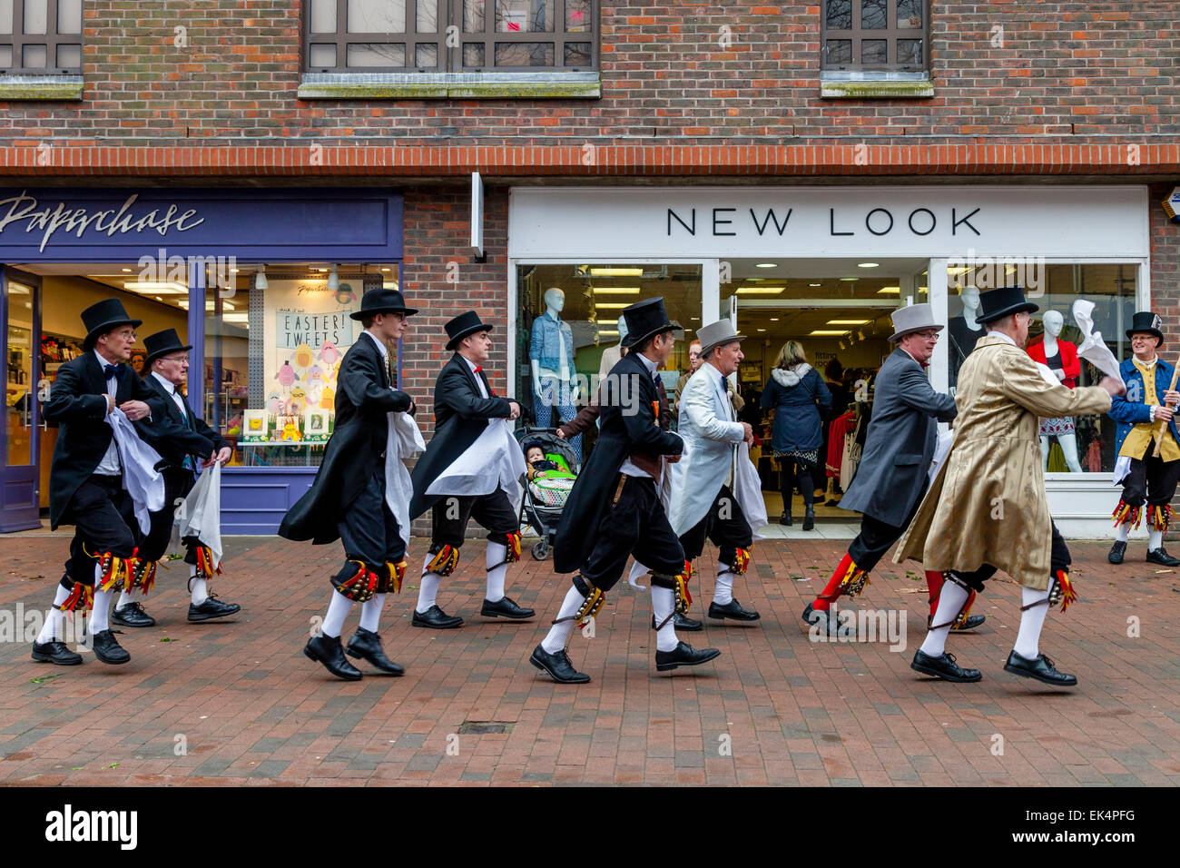 Sompting Village Morris Dancers Perform In The High Street, Lewes, Sussex, UK Stock Photo