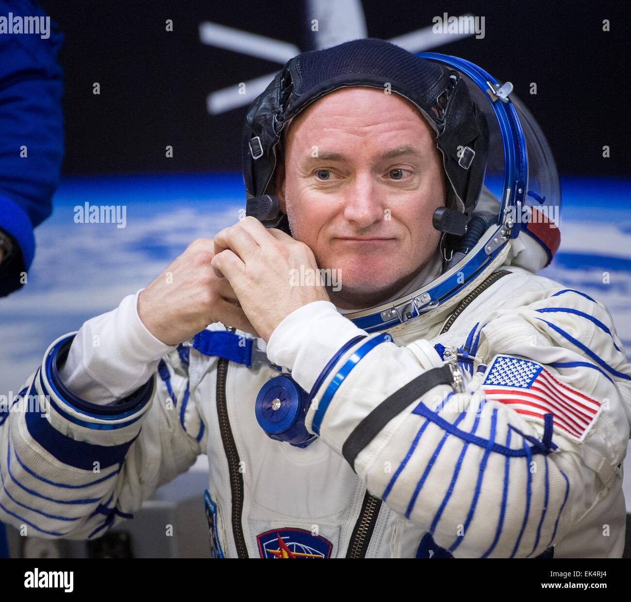 Expedition 43 NASA Astronaut Scott Kelly dons his Russian sokol suit