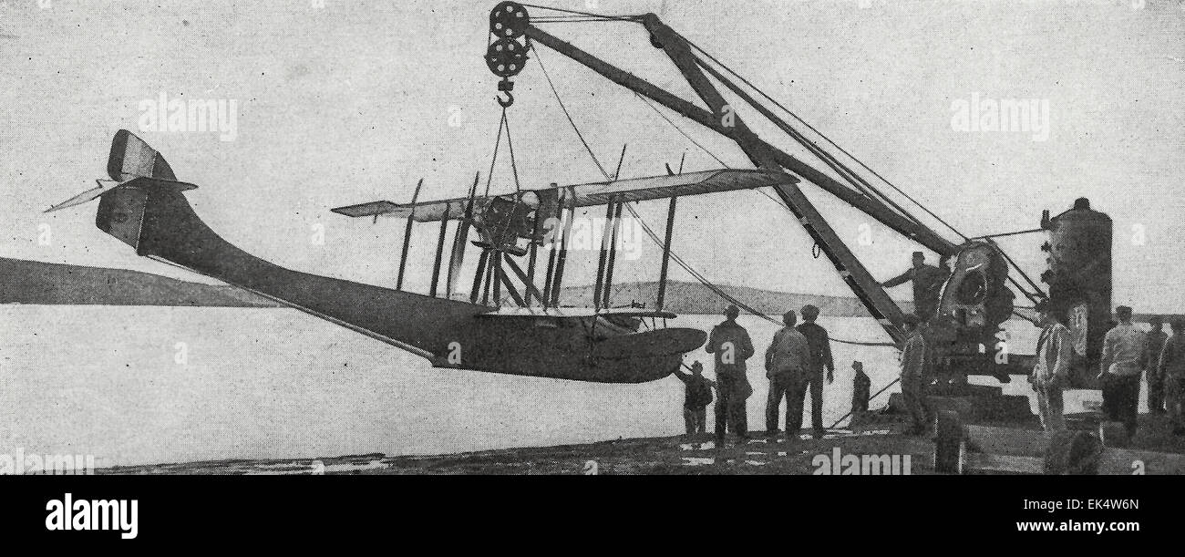 Italian Hydroplane strating for flight - World War I, 1916 Stock Photo