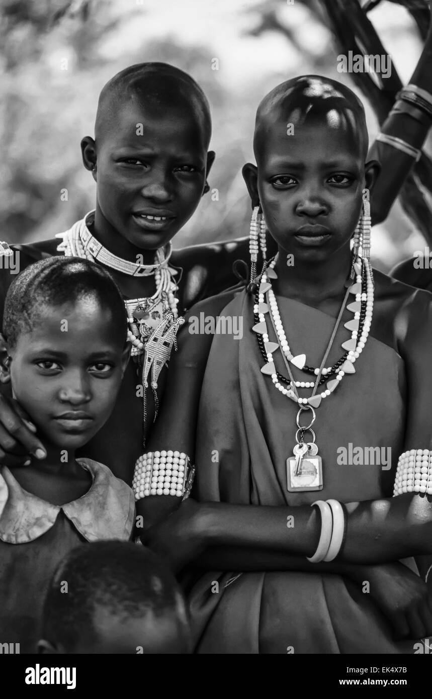 Kenya, Tsavo East National Park, Masai village, Masai girls portrait (FILM SCAN) Stock Photo