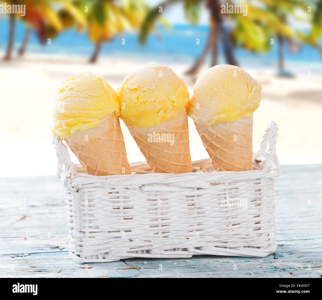Ice cream scoops on sandy beach, close-up Stock Photo - Alamy