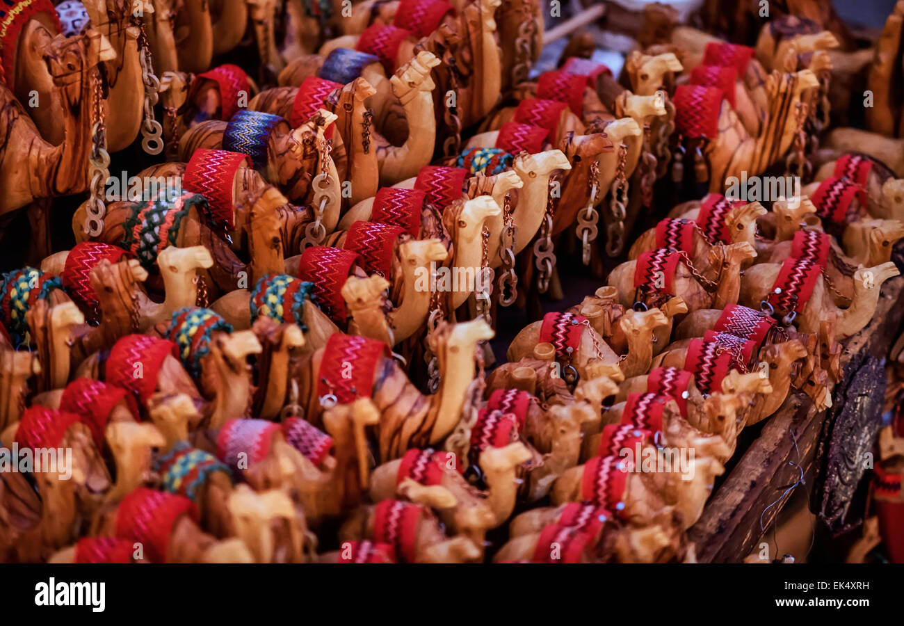 Israele, Jerusalem, hand made wooden camels for sale in a local market (FILM SCAN) Stock Photo