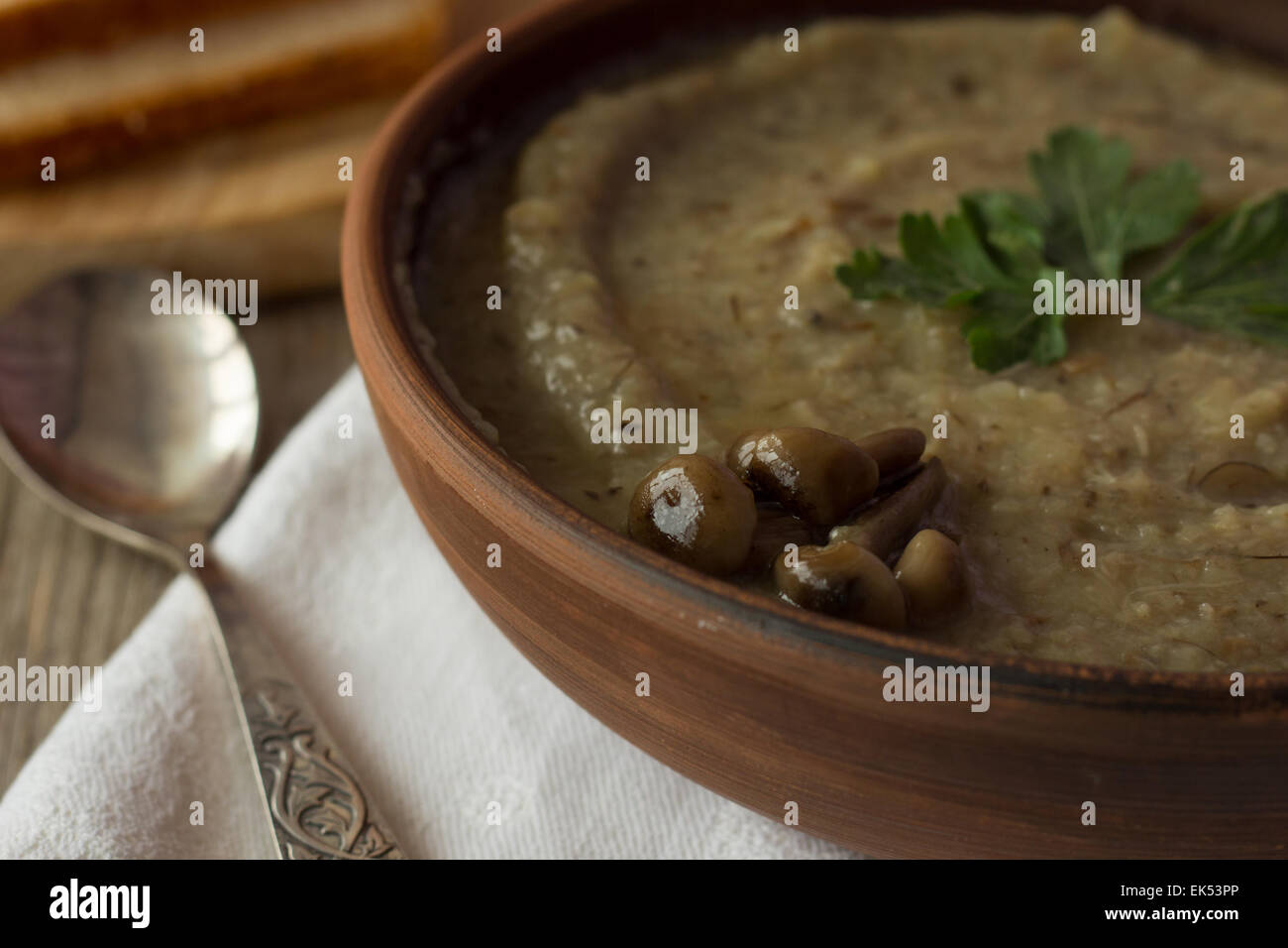 Shot of mushroom and potatoes cream soup in bowl Stock Photo