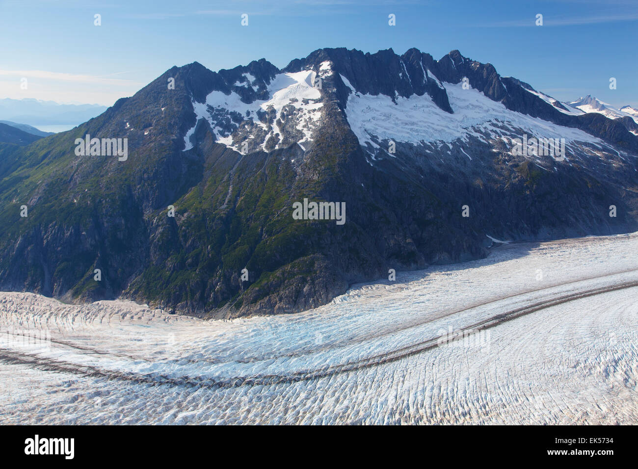 Aerial of the Herbert Glacier, Tongass National Forest, near Juneau, Alaska Stock Photo