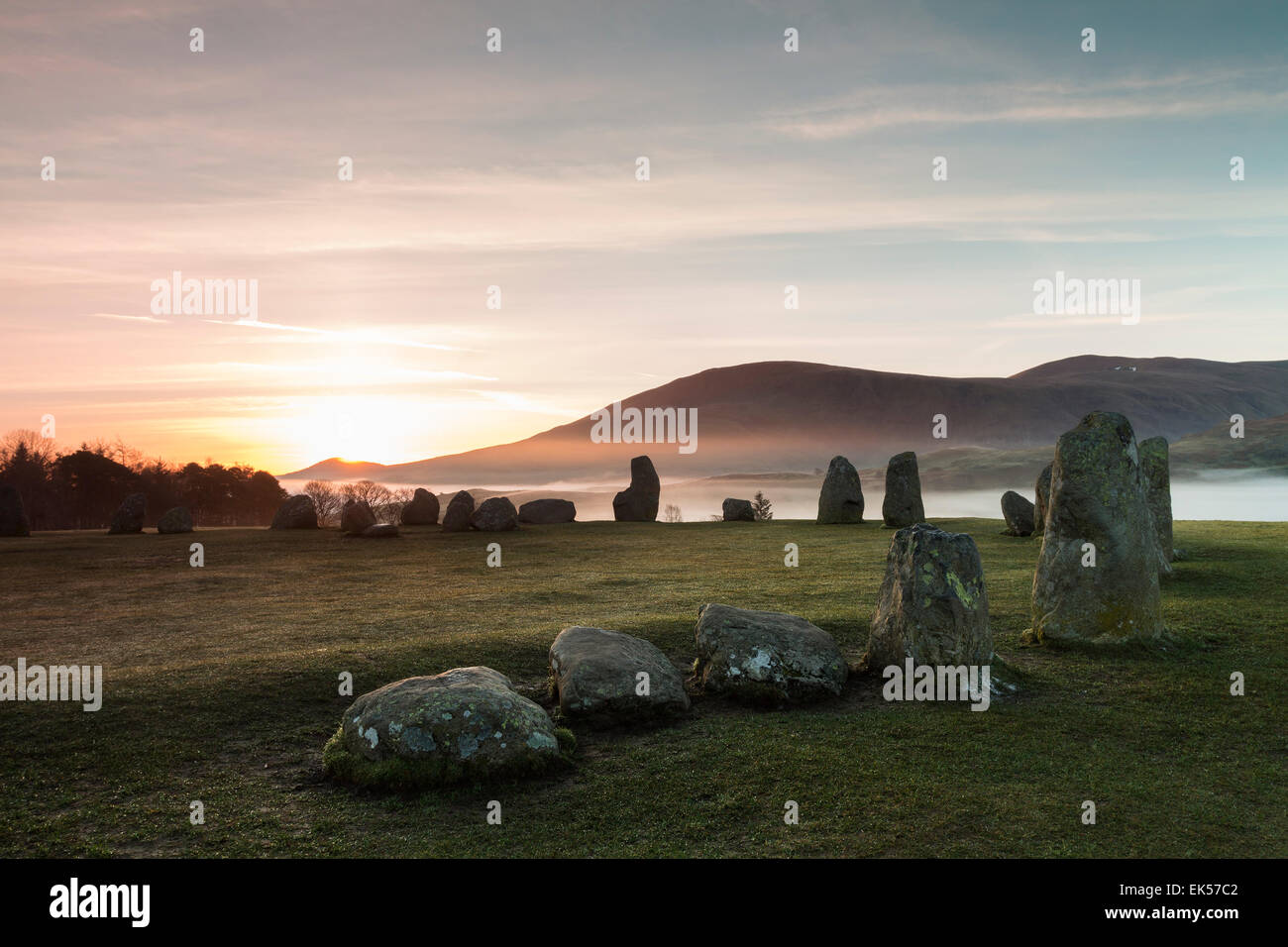 Sunrise at the Castlerigg Stone Circle Lake District Cumbria UK Stock Photo