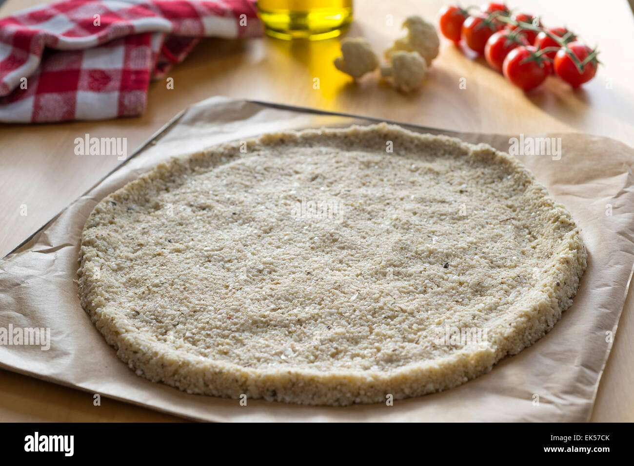Pizza crust made from cauliflower rather than traditional bread dough Stock Photo