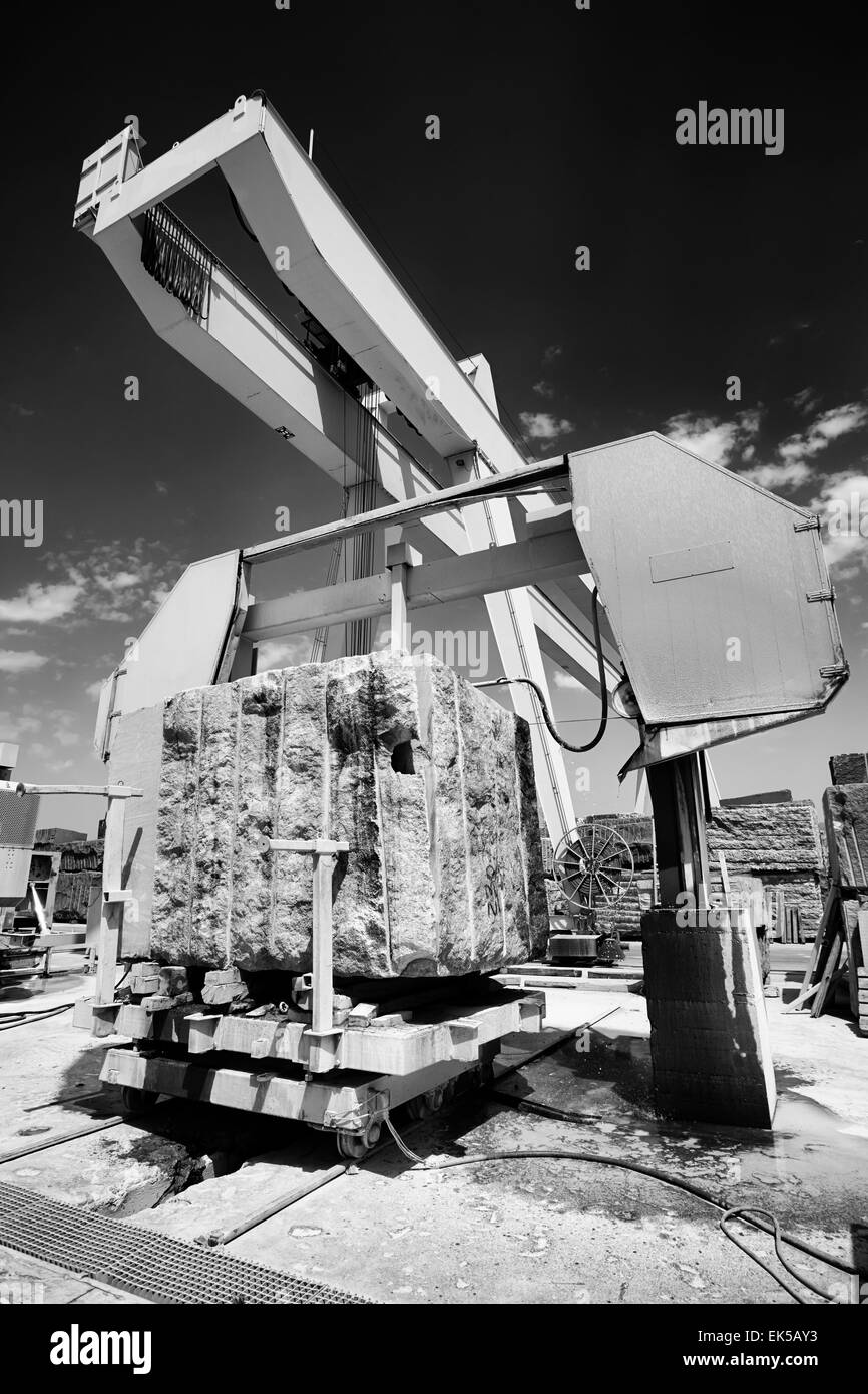 Italy, marble cutting factory, marble block cooled with water while