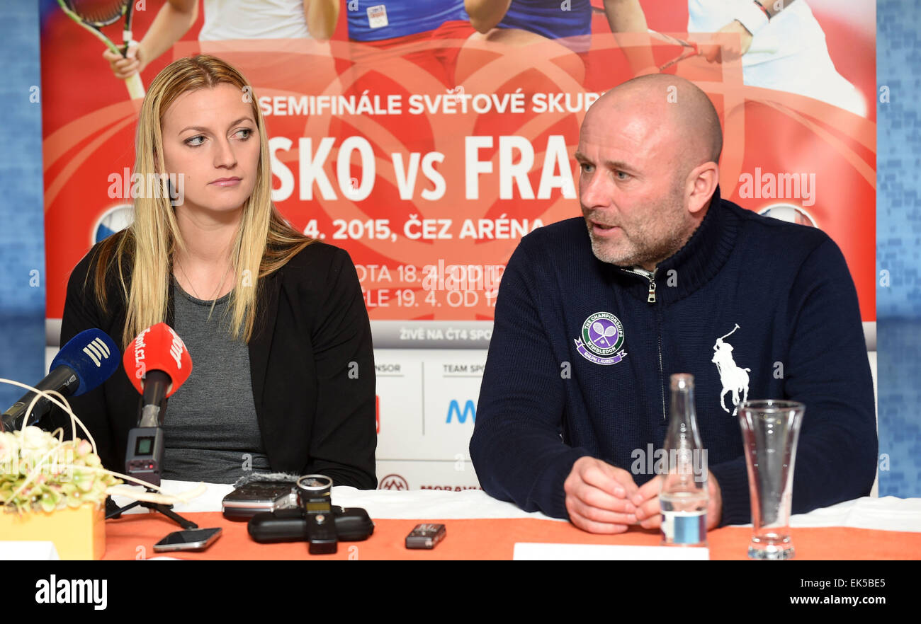 Czech tennis player Petra Kvitova and her couch David Kotyza speak during  the press conference prior to the semifinal match of the world group Fed  Cup Czech Republic vs. France, in Prostejov,