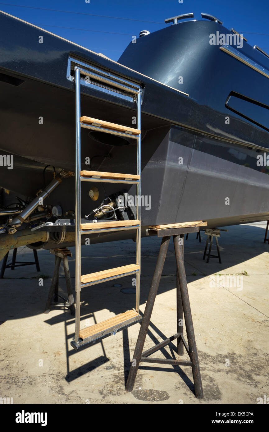 Italy, Fiumicino (Rome), luxury yacht ashore in a boatyard, stern ...
