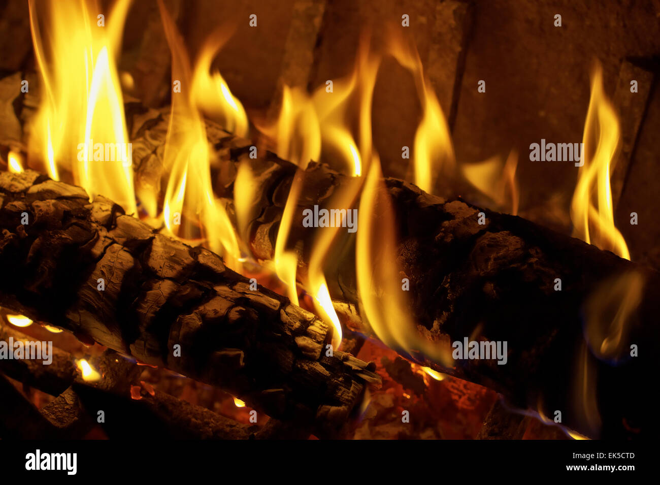 Italy Lazio Countryside Oak Wood Burning In A Fireplace Stock