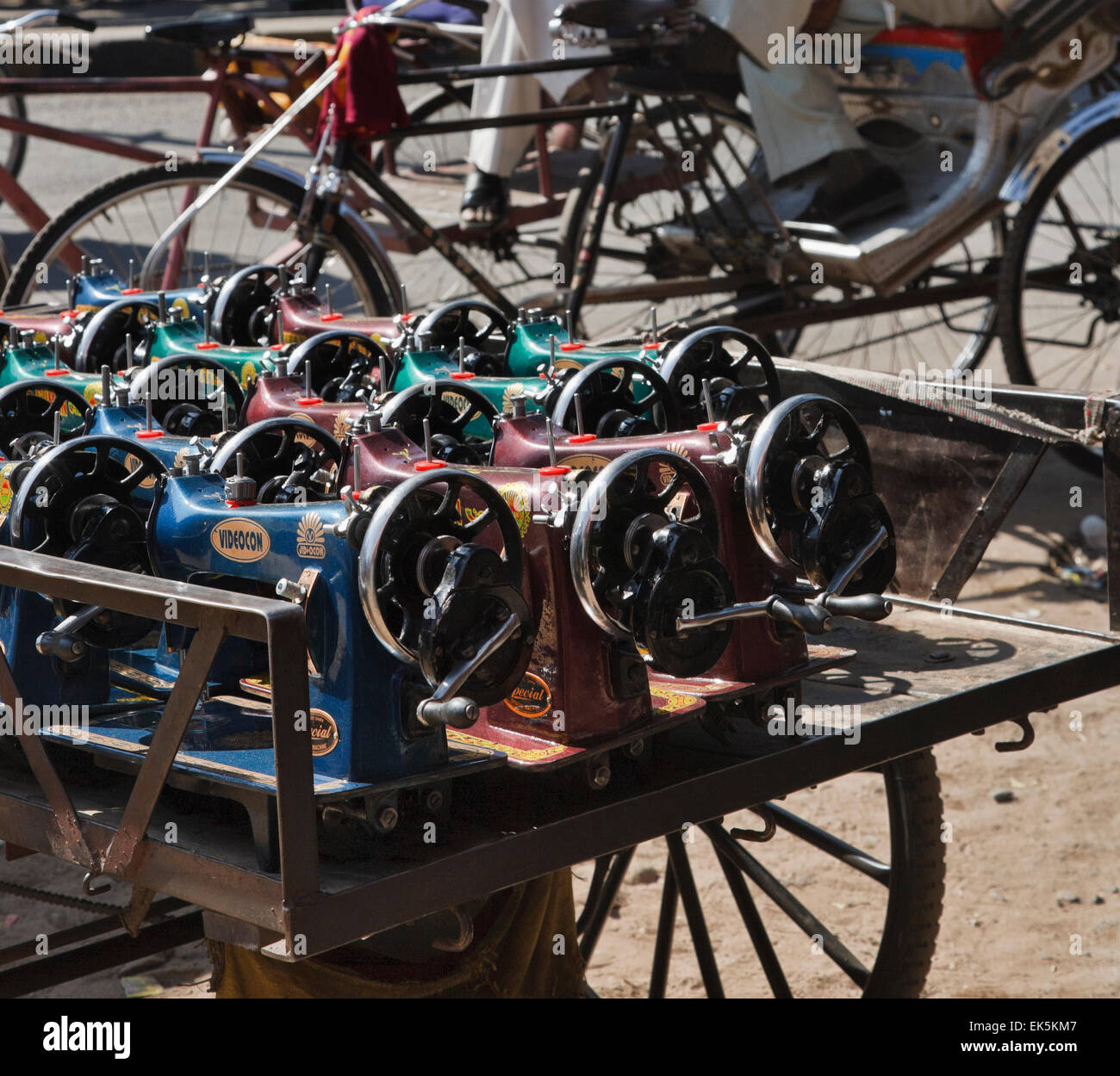 India, Rajasthan, Jaipur, indian sewing machines for sale on a wheel