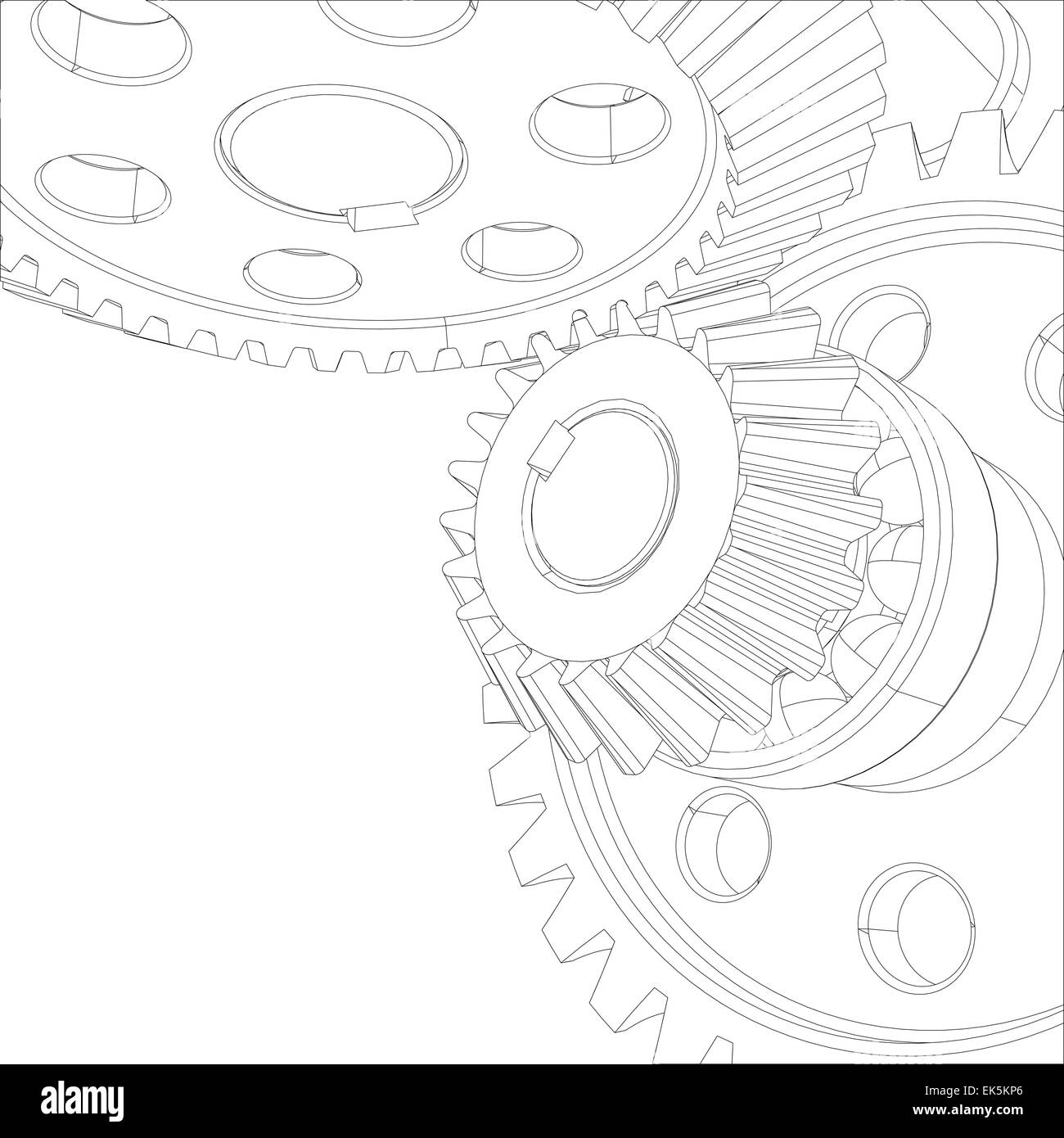 Wireframe gears with bearings and shafts. Closeup. Vector Stock Photo