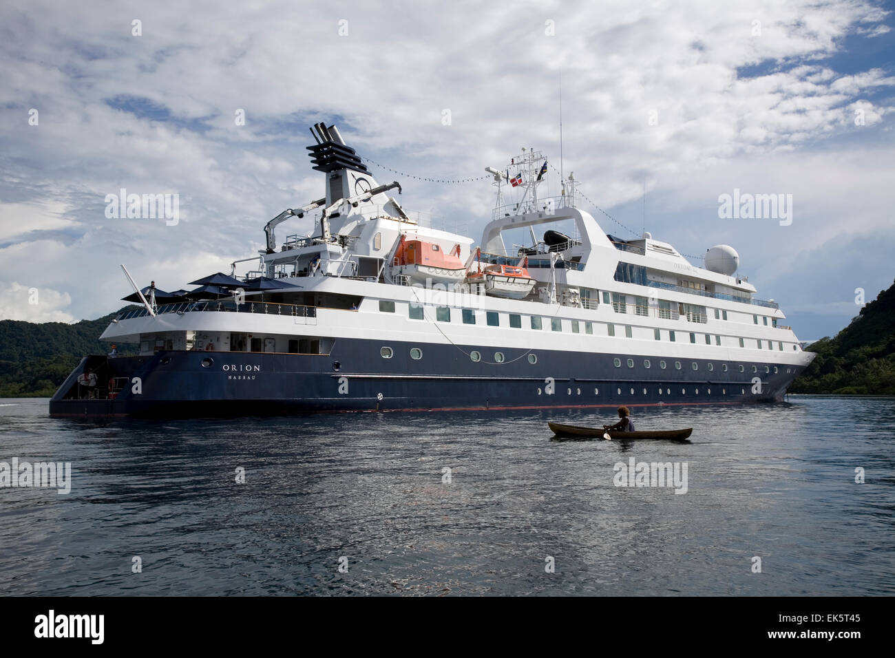 The Orion, a German-built, Australian-based expedition cruiser is compact and agile and able to go where big ships can't. Stock Photo