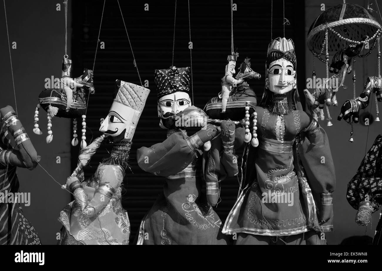 India, Rajasthan, Jaipur, indian wooden puppets for sale in a local