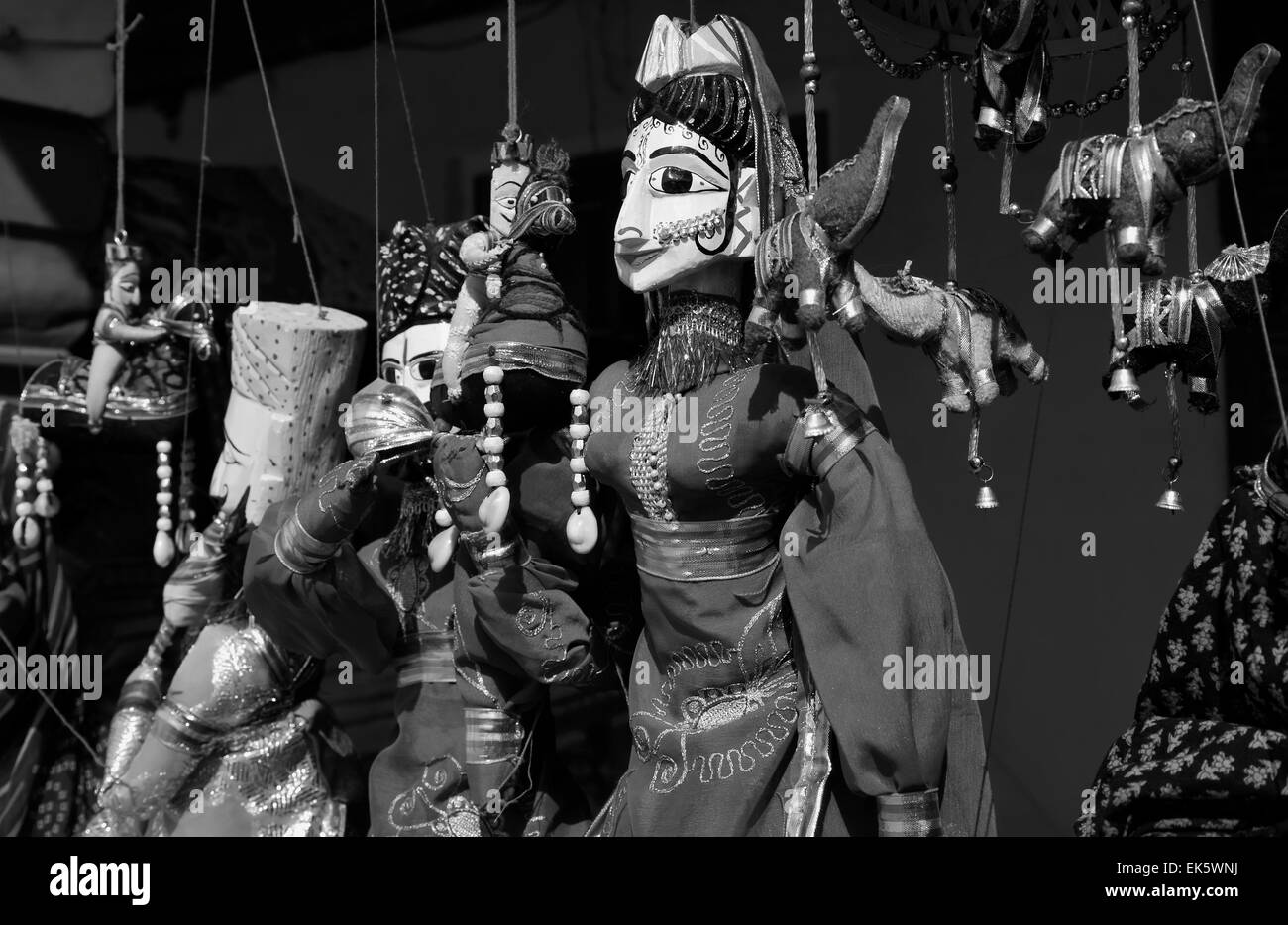 India, Rajasthan, Jaipur, indian wooden puppets for sale in a local