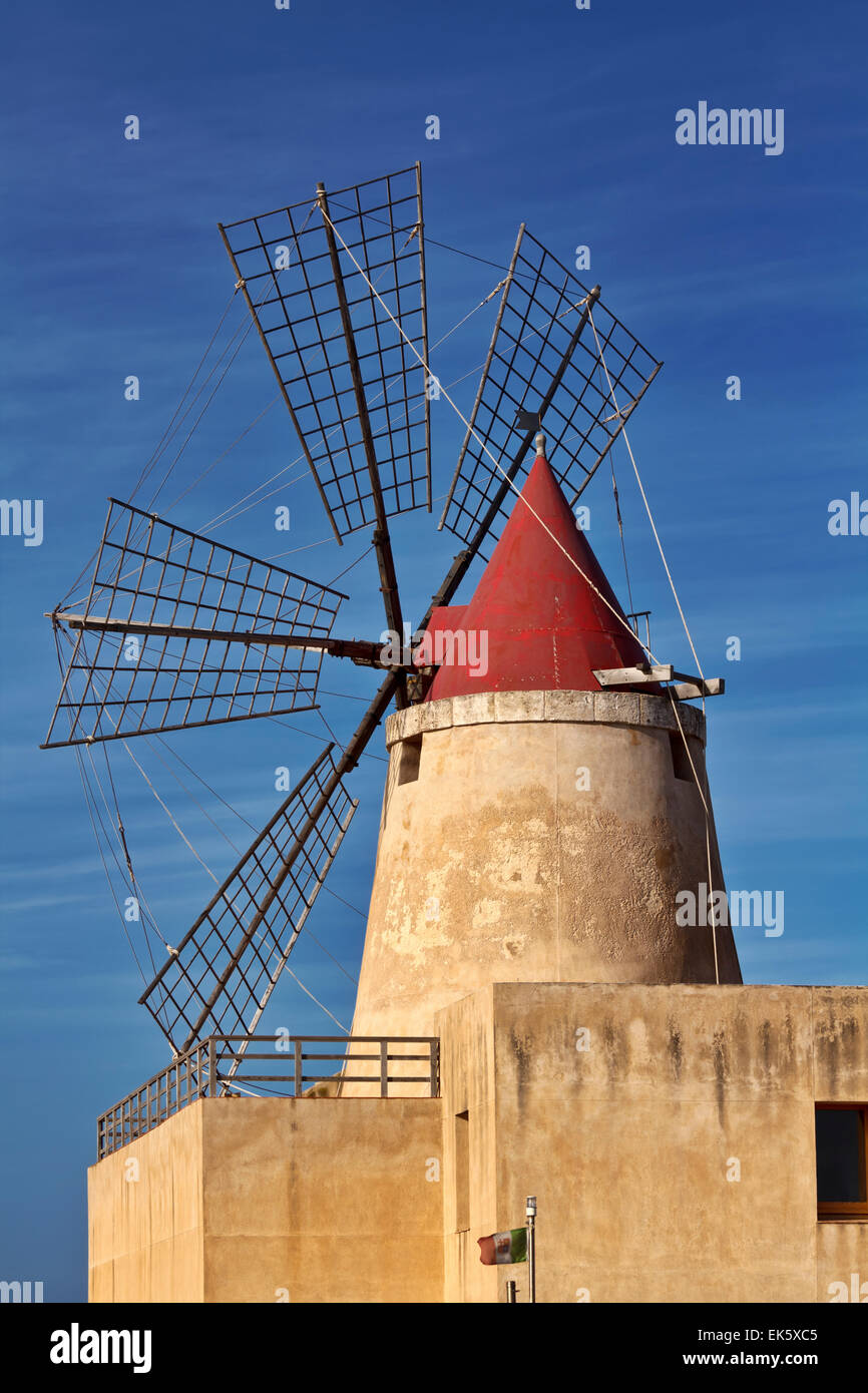 Italy, Sicily, Marsala (Trapani), Mozia salt flats, windmill Stock Photo