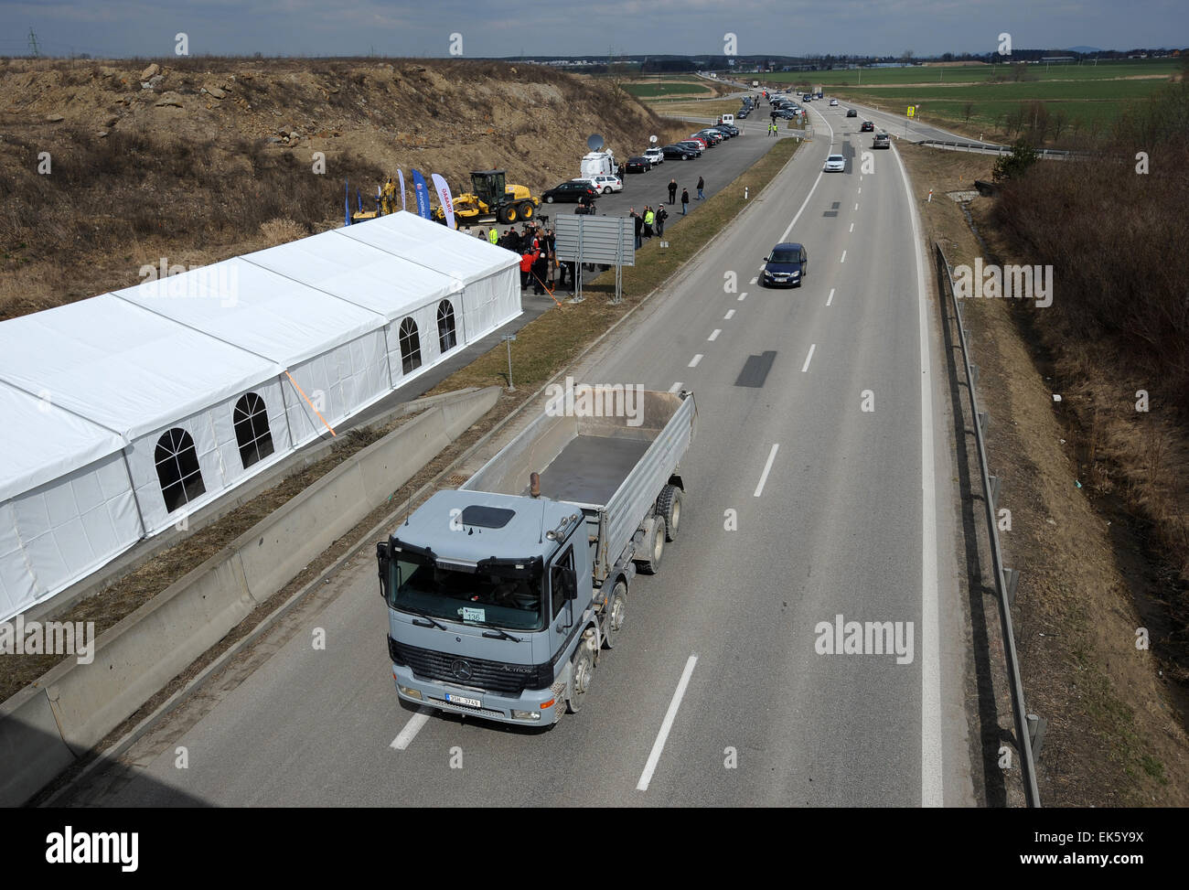 Symbolical ceremony start the construction of further two sections of motorway D3 was held in Veseli nad Luznici, Czech Republic, April 7, 2015. Motorway will connect Prague with Ceske Budejovice in section Veseli nad Luznici to Bosilec and in Borek to Usilne. (CTK Photo/Vaclav Pancer) Stock Photo