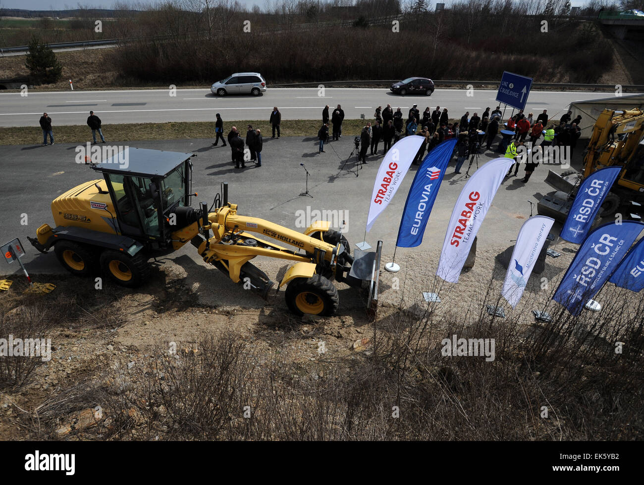 Symbolical ceremony start the construction of further two sections of motorway D3 was held in Veseli nad Luznici, Czech Republic, April 4, 2015. Motorway will connect Prague with Ceske Budejovice in section Veseli nad Luznici to Bosilec and from Borek to Usilne. (CTK Photo/Vaclav Pancer) Stock Photo