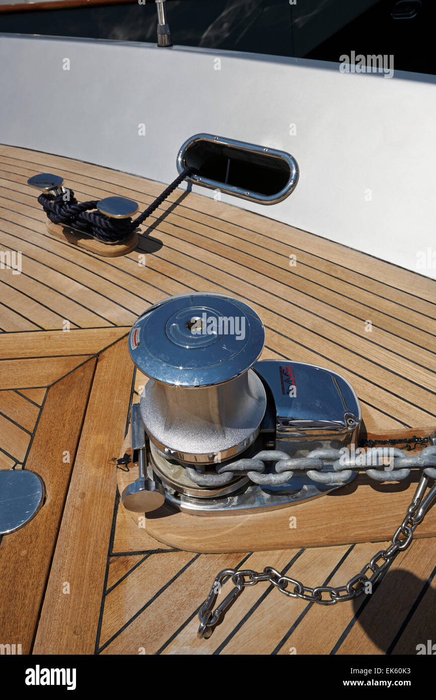Italy, Fiumicino (Rome), luxury yacht, bow steel bollard and electric chain winch Stock Photo