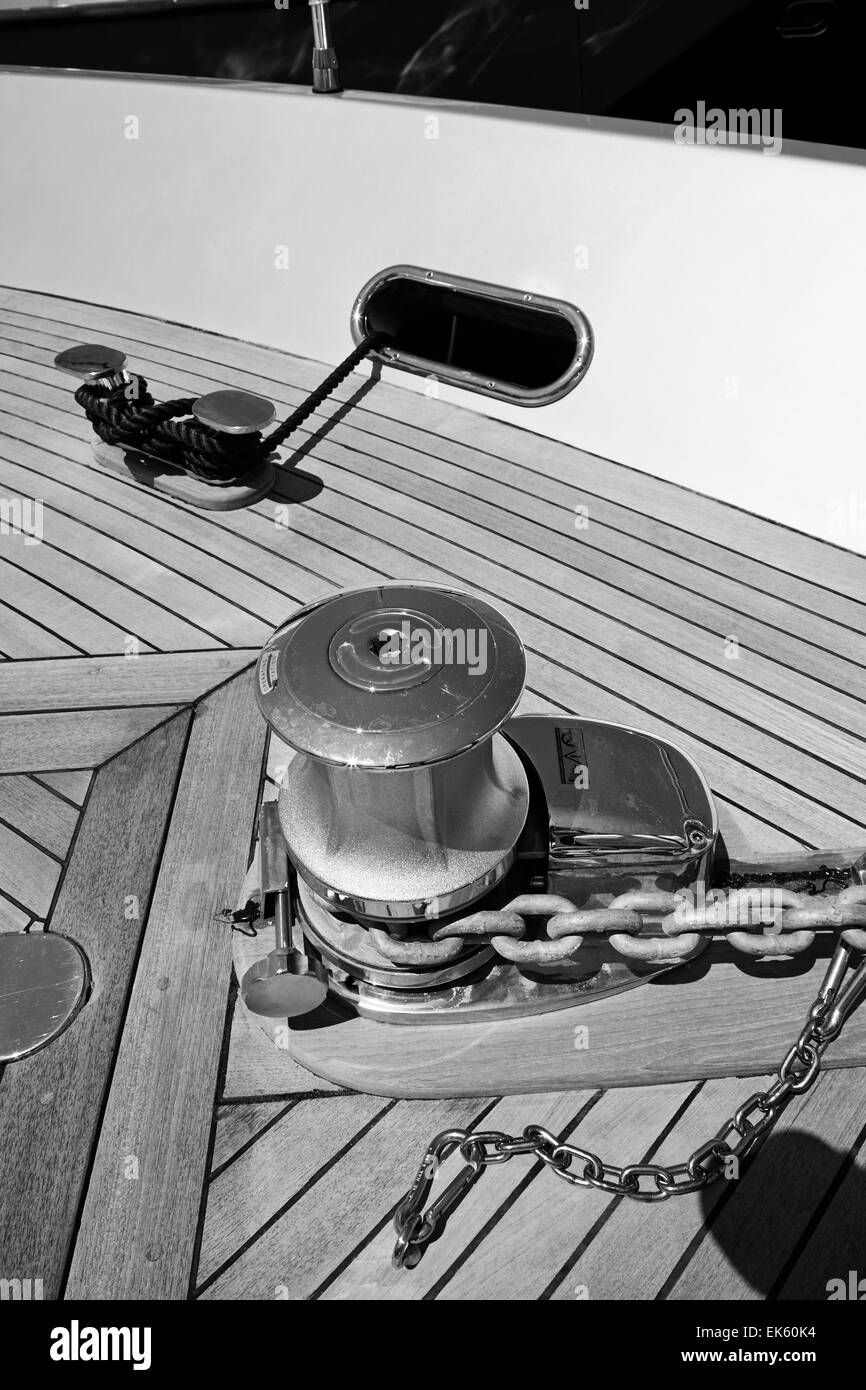 Italy, Fiumicino (Rome), luxury yacht, bow steel bollard and electric chain winch Stock Photo