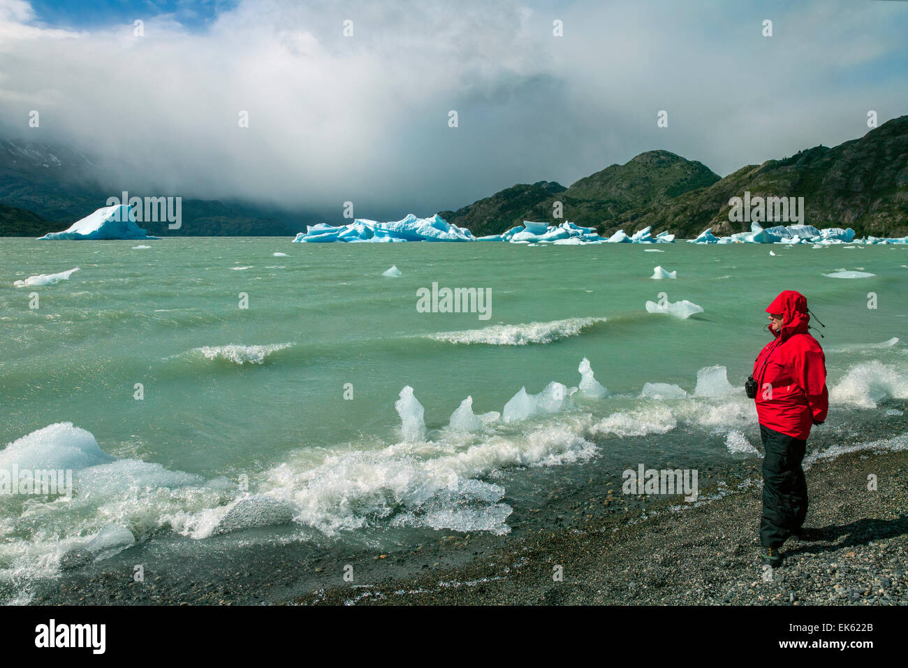 Tourist looking at icebergs from the Grey Glacier in Grey Lake in the Southern Patagonian Ice Field in Torres del Paine National Stock Photo