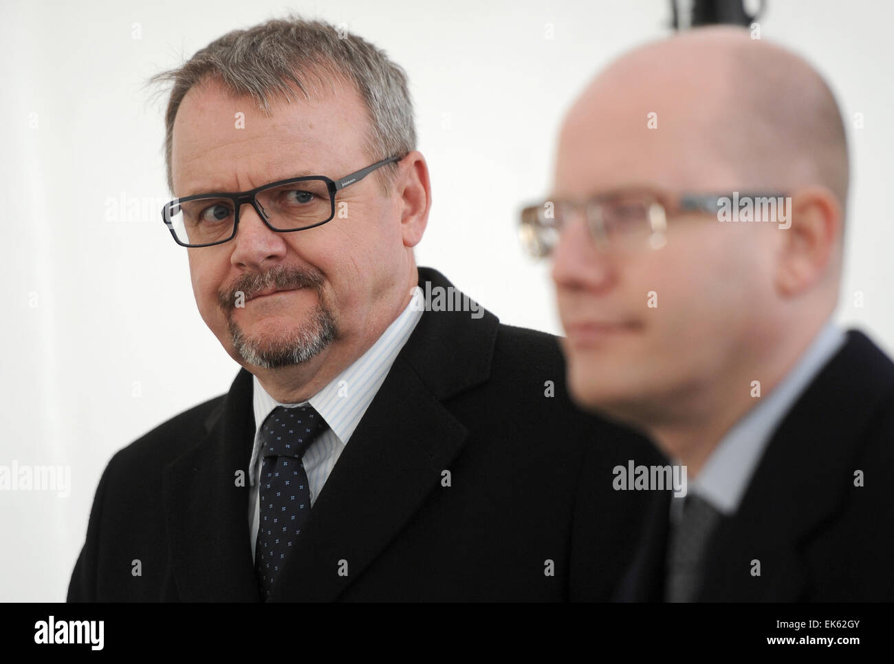 Czech Minister of Transport Dan Tok (left) and Prime Minister Bohuslav Sobotka speak to journalist during the symbolical ceremony start of the construction of further two sections of motorway D3 in Veseli nad Luznici, Czech Republic, April 4, 2015. Motorway will connect Prague with Ceske Budejovice in section Veseli nad Luznici to Bosilec and from Borek to Usilne. (CTK Photo/Vaclav Pancer) Stock Photo