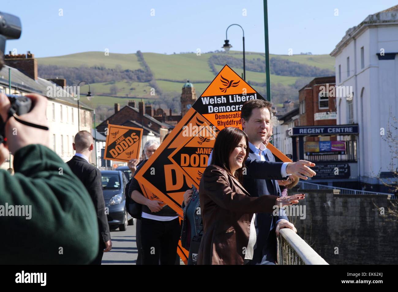Newtown, UK. 7th April, 2015. Deputy Prime Minister & Leader of the Lib Dems, Nick Clegg, visits Newtown in the Montgomeryshire Constituency as a part of his campaign for votes in the forthcoming General Election, UK. Credit:  Jon Freeman/Alamy Live News Stock Photo