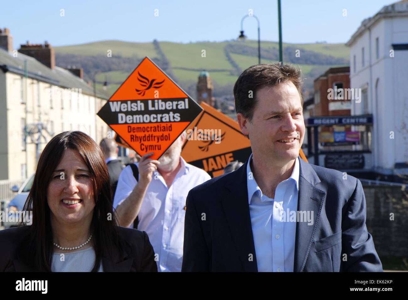 Newtown, UK. 7th April, 2015. Deputy Prime Minister & Leader of the Lib Dems, Nick Clegg, visits Newtown in the Montgomeryshire Constituency as a part of his campaign for votes in the forthcoming General Election, UK. Credit:  Jon Freeman/Alamy Live News Stock Photo