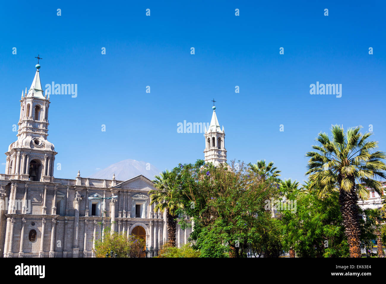 View of the twin towers of the Arequipa, Peru cathedral with El Misti Volcano visible in the background Stock Photo