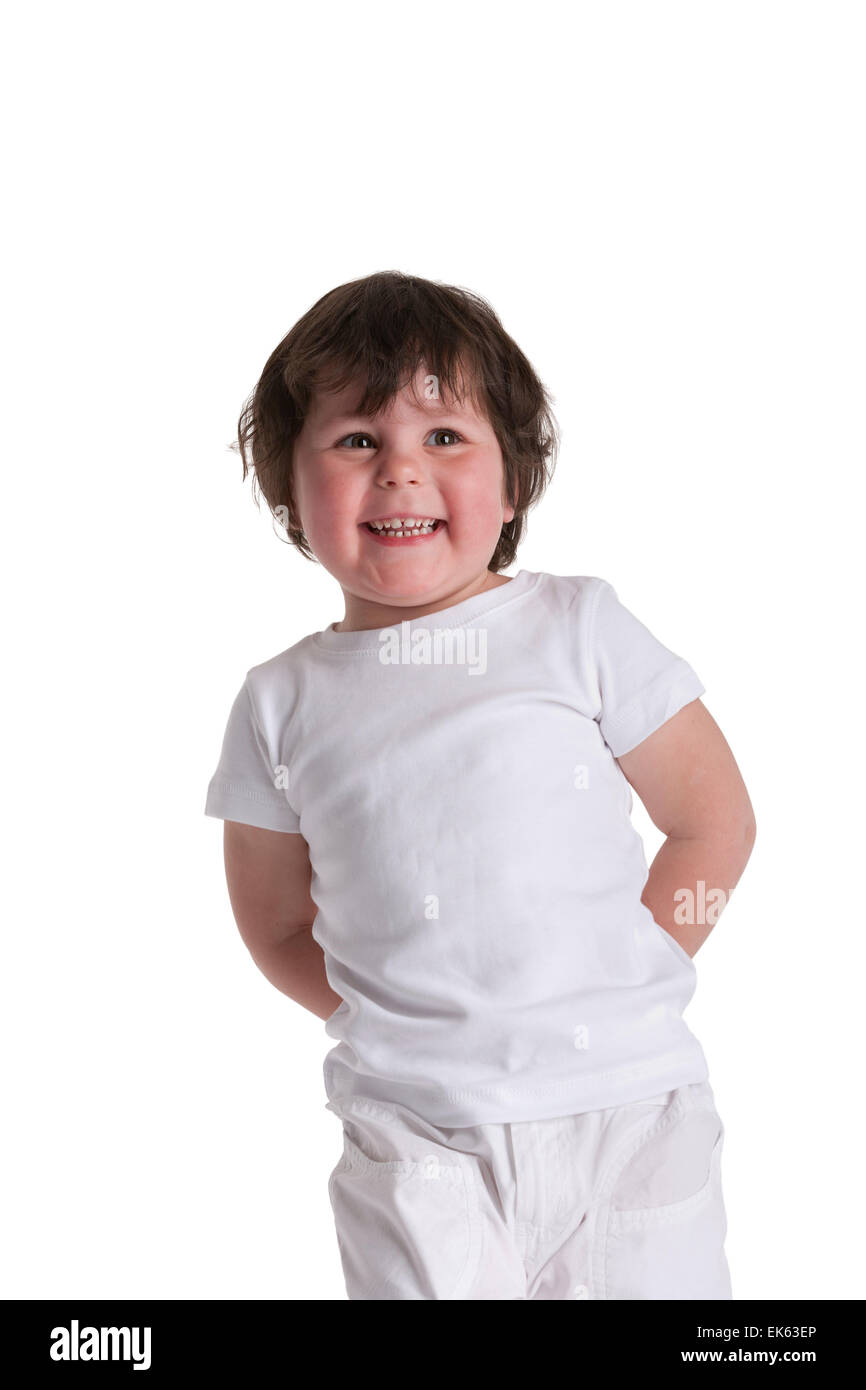 Portrait of a happy three year old girl on white background Stock Photo