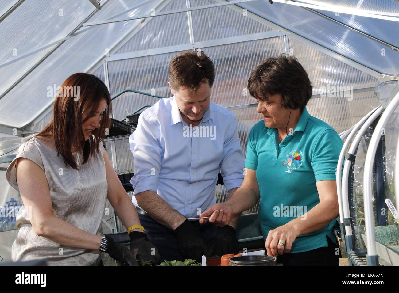 Newtown, UK. 7th April, 2015. Deputy Prime Minister & Leader of the Lib Dems, Nick Clegg, plants Broad Bean & Tomatoes with Ponthafren volunteer Janet Rogers & Lib Dem candidate Jane Dodds during his visit to Newtown in the Montgomeryshire Constituency as a part of his campaign for votes in the forthcoming General Election, UK. Credit:  Jon Freeman/Alamy Live News Stock Photo