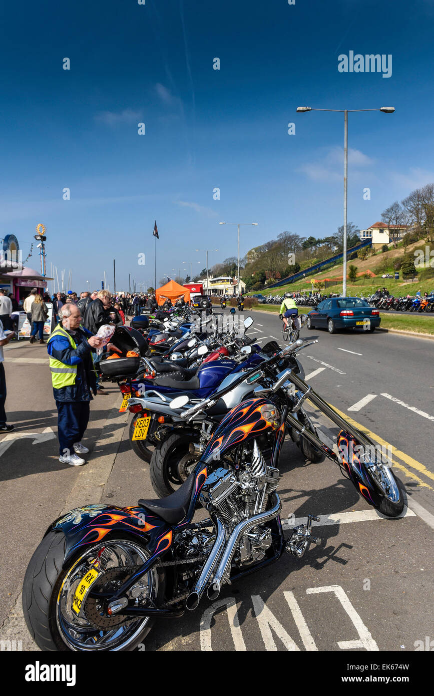 Motorbikes parked on the seafront at the Southend Shakedown. Stock Photo