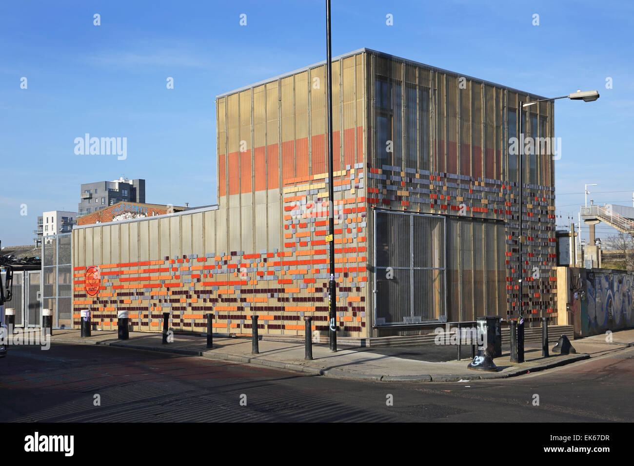 Hub 67, a community space in Hackney wick constructed from recycled materials from th London 2012 Olympic site Stock Photo