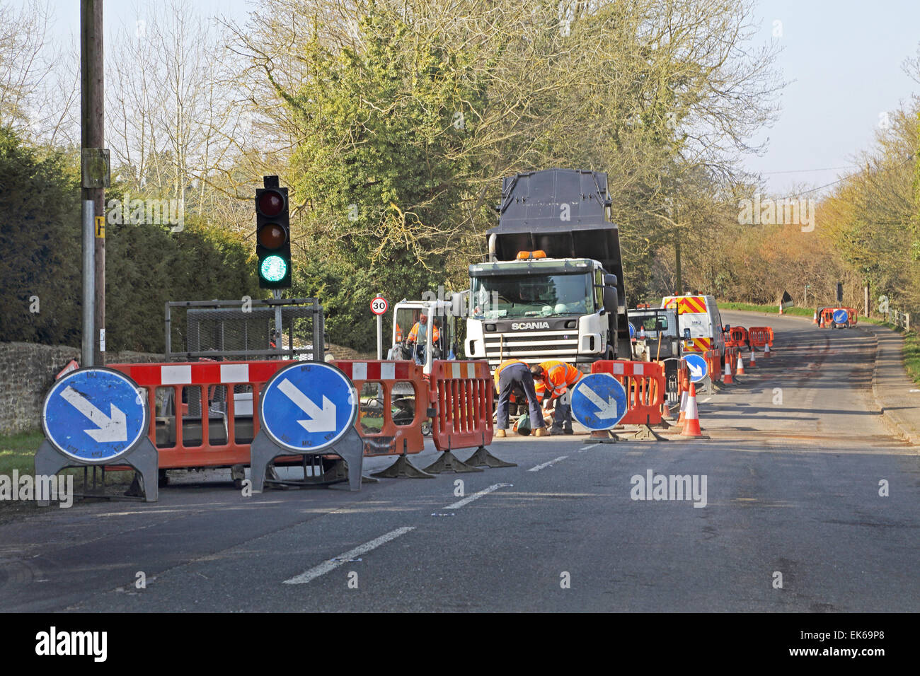 temporary traffic lights during installation of new high speed broadband fibre optic cables in a