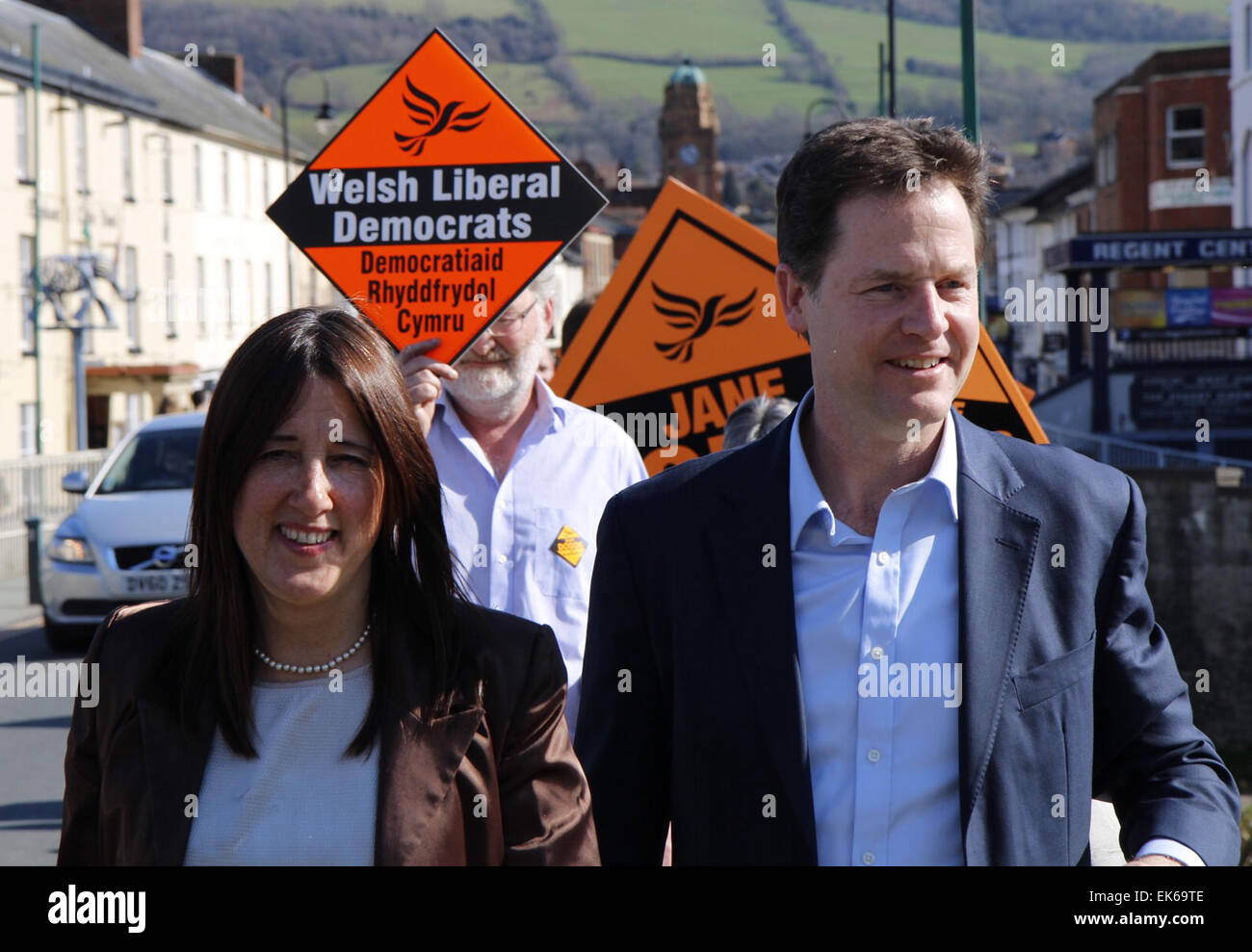 Jane Dodds, Welsh Assembly candidate walks through Newtown, Powys with Nick Clegg during the UK Election campaign Stock Photo