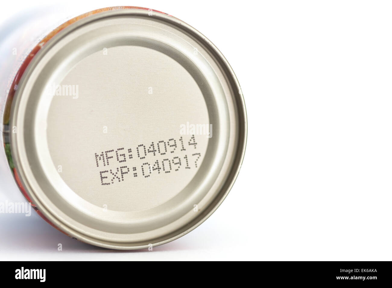 Macro expiration date on canned food isolated on white background Stock Photo