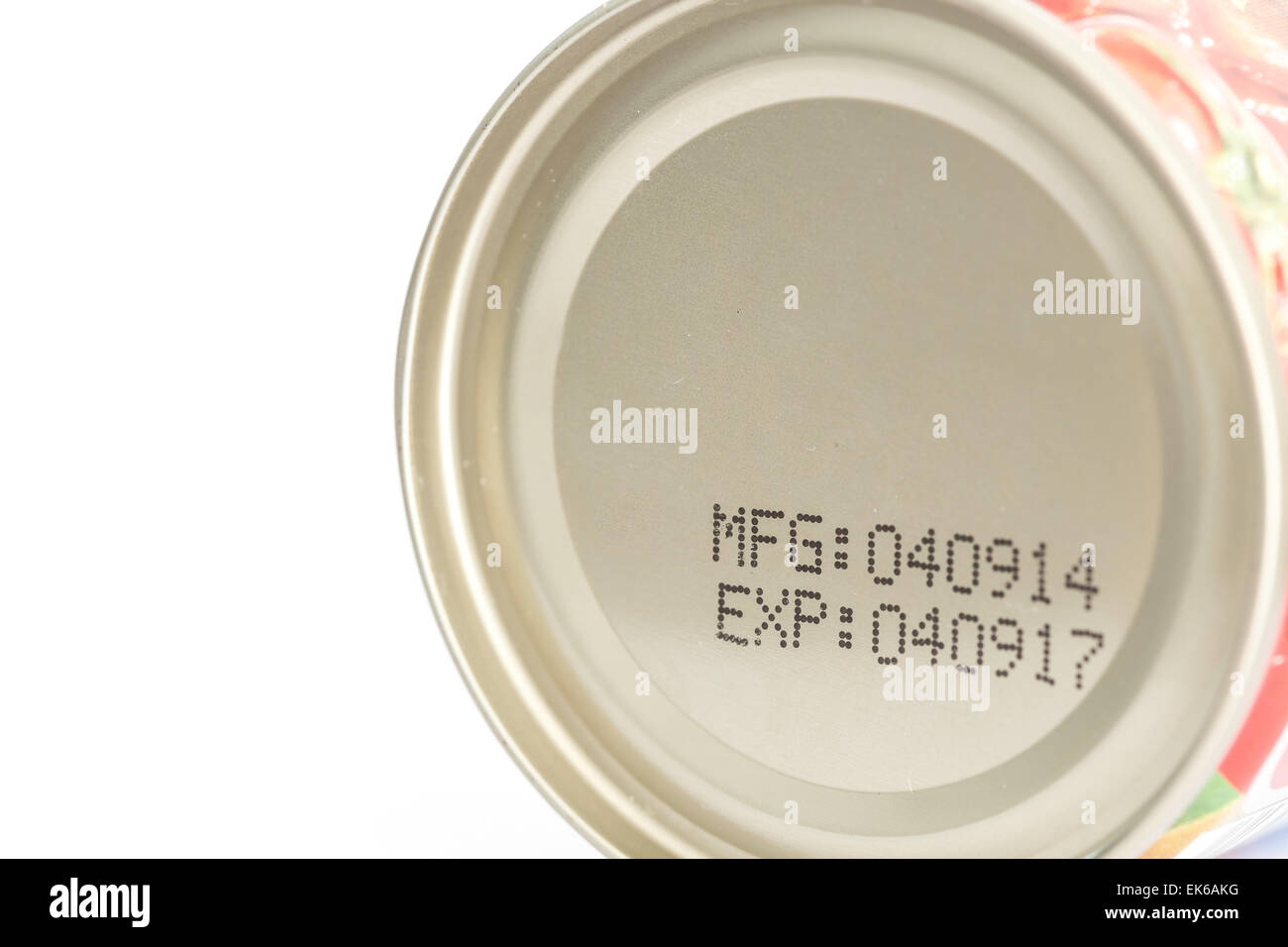 Macro expiration date on canned food isolated on white background Stock