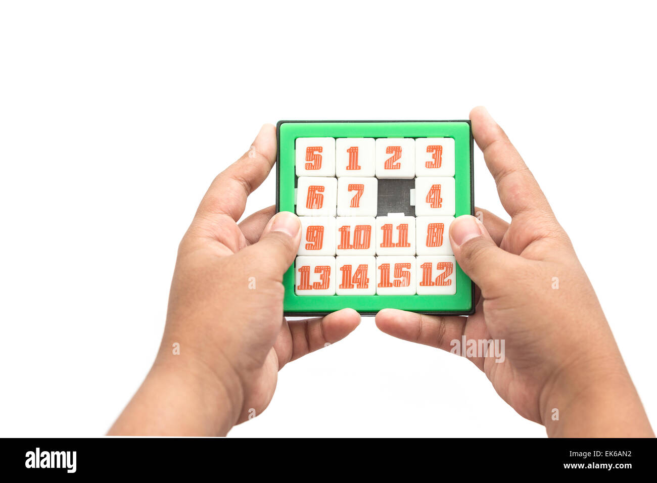 Hand holding Number Slider Puzzle isolated on white background Stock Photo