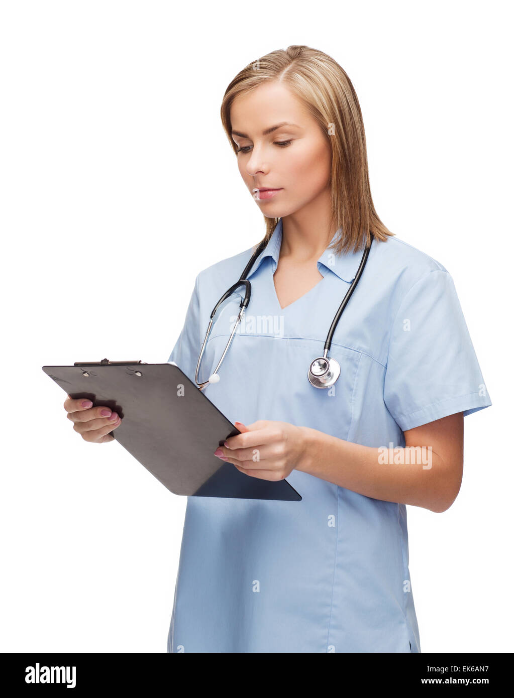 smiling female doctor or nurse with clipboard Stock Photo - Alamy