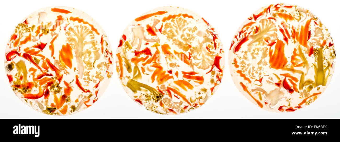 Vegetables in aspic, fine, delicacy, sour vinegar jelly peppers, broccoli, celery, carrots, onion, cauliflower without meat, Stock Photo